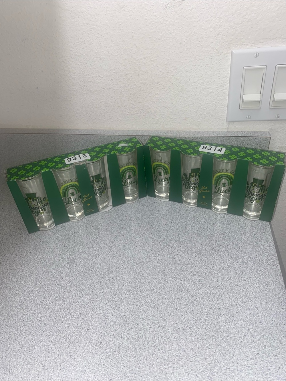St. Patrick’s Day Irish Shot Glasses 2 Sets of 4 Happy Go Lucky Shamrock NEW